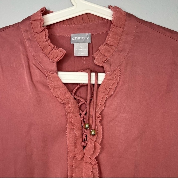 CHICO'S XL Ruffle Tie Neck Pullover Satin Blouse Burnished Rose Work Romantic - Picture 9 of 14